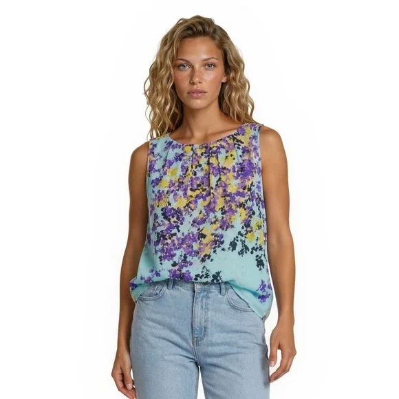 Talbots Blouse Women's Size 6P Aqua Blue Floral 100% Silk Pleated Top Petite - Picture 1 of 7